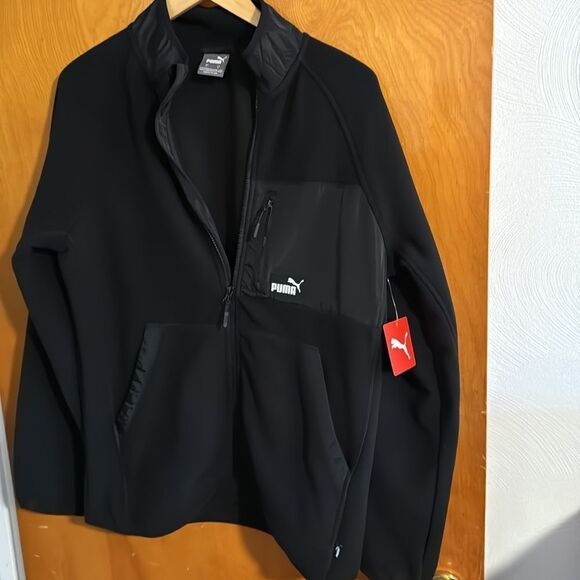 Puma Fleece Jacket Mens Small Black Zip Pocket - Picture 1 of 3